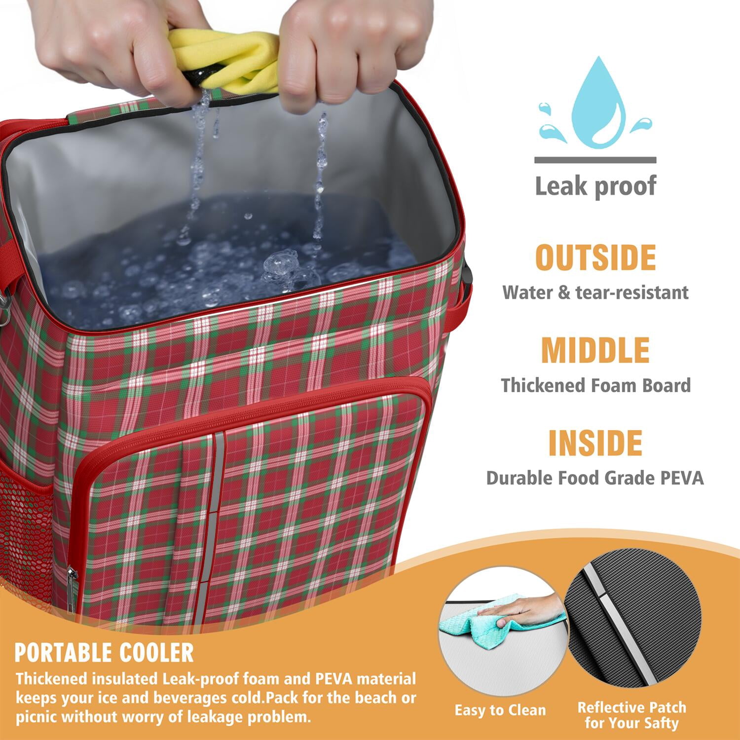 Travel Cooler Bag - Red and Green Christmas Plaid Pattern Camping Beer Cooler Backpack with Bottle Opener- Waterproof Insulated Picnic Backpacks - Cooler Bag for Beach