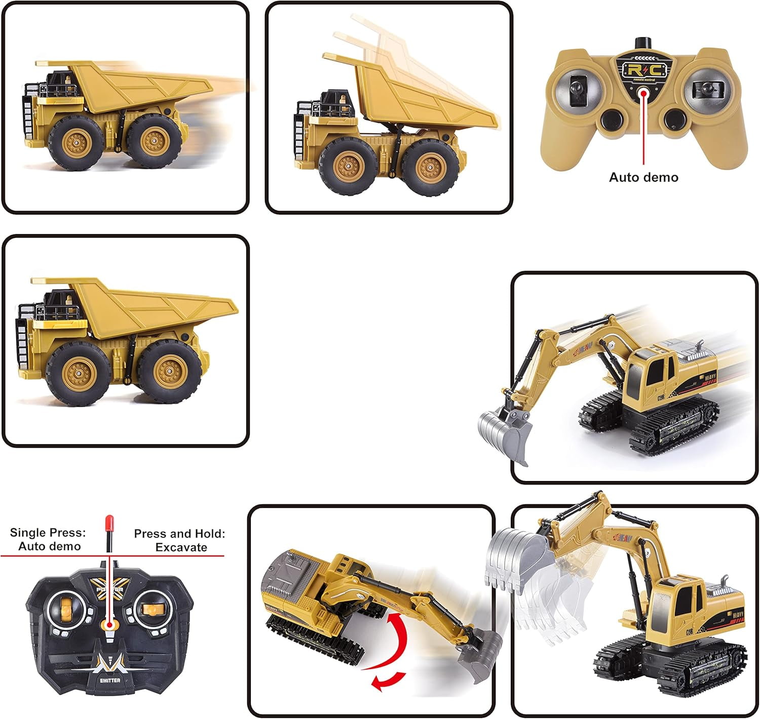 Joyfy 2 PCS Remote Control Excavator Construction Toys for Boys 3 5, Powered RC Excavator & RC Dump Truck Full Function Construction Vehicles Toys with Shovel, Christmas Birthday gift for Kid 5-8-12