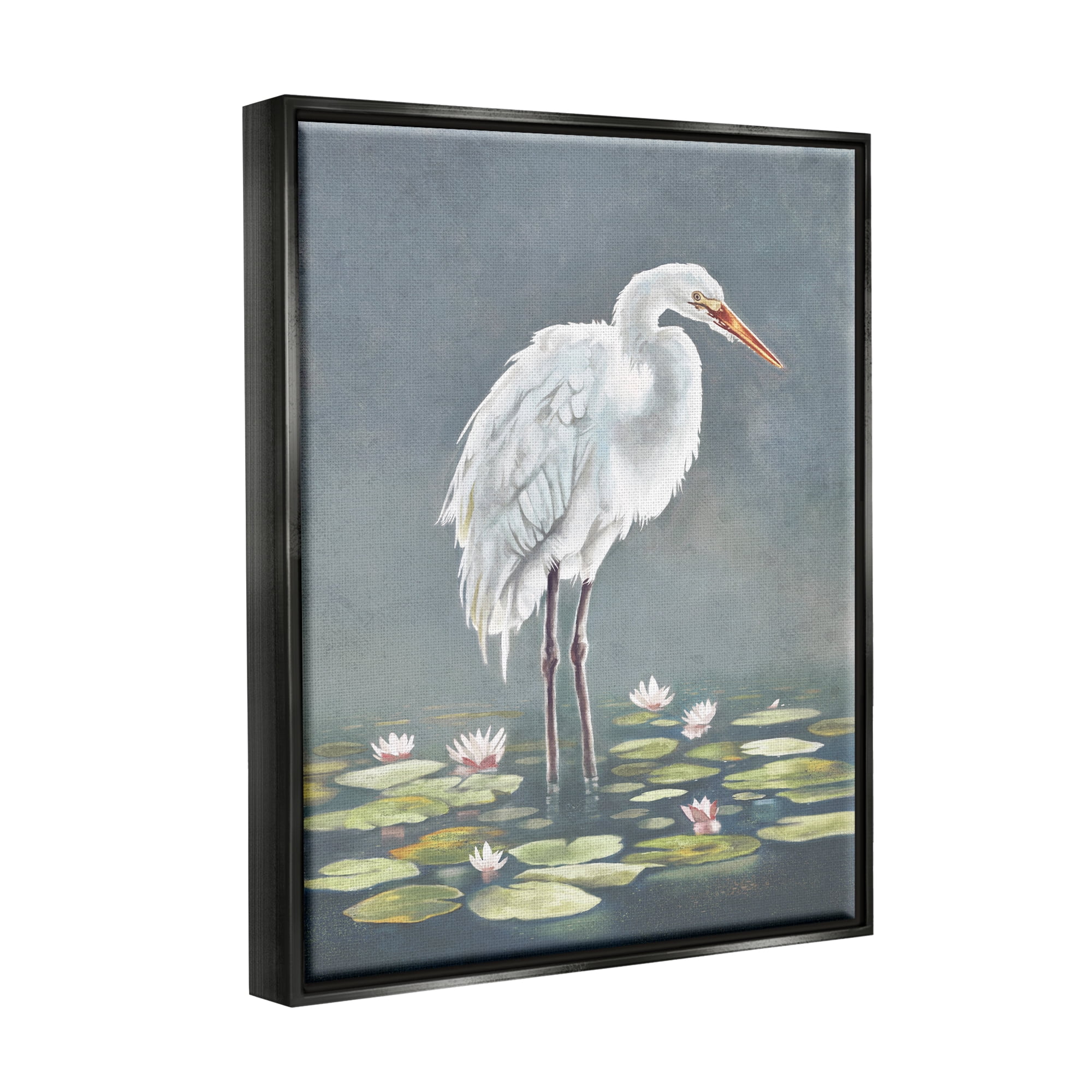 Stupell Industries White Heron & Pond Lilies Animals & Insects Painting Black Floater Framed Canvas Art Print Wall Art, 25 x 31