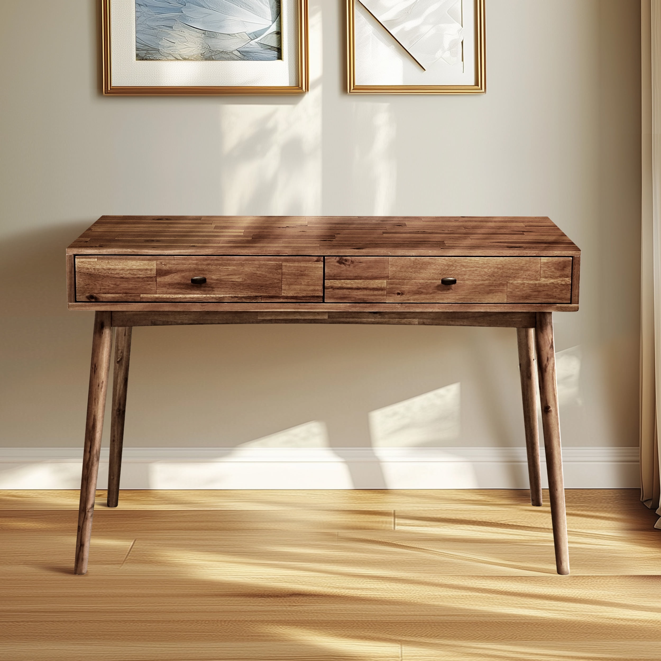 Acacia Lagom 48" Solid Wood Work Desk with Drawers Office Desk for Home Office, Walnut
