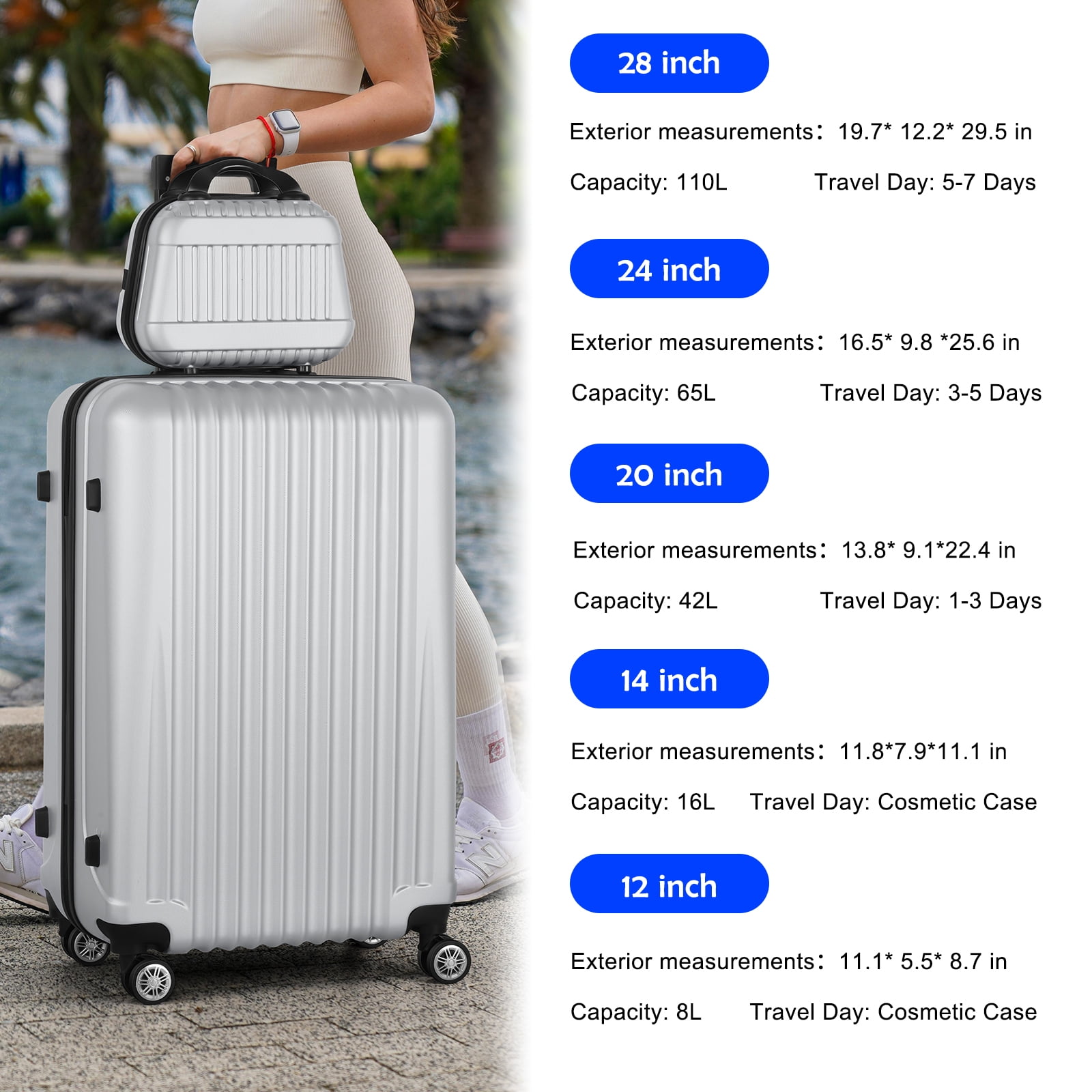 Vertical Stripe Luggage Travel 5-Piece Set Silver