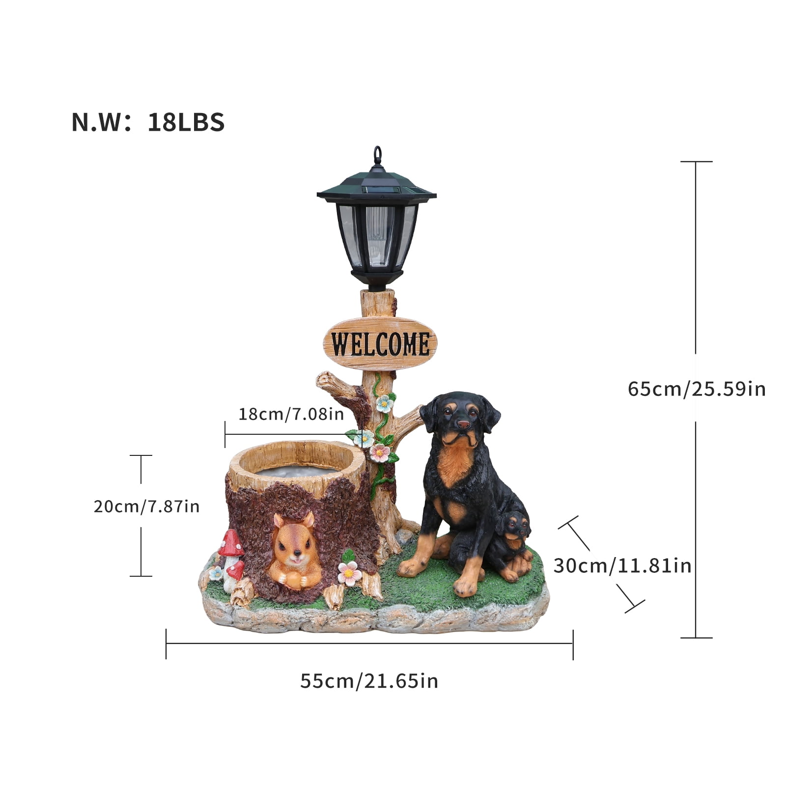 Aukfa Rottweiler Dog Planter Statue with WELCOME Sign & Solar LED Light, Outdoor Garden Balcony Lawn Decor