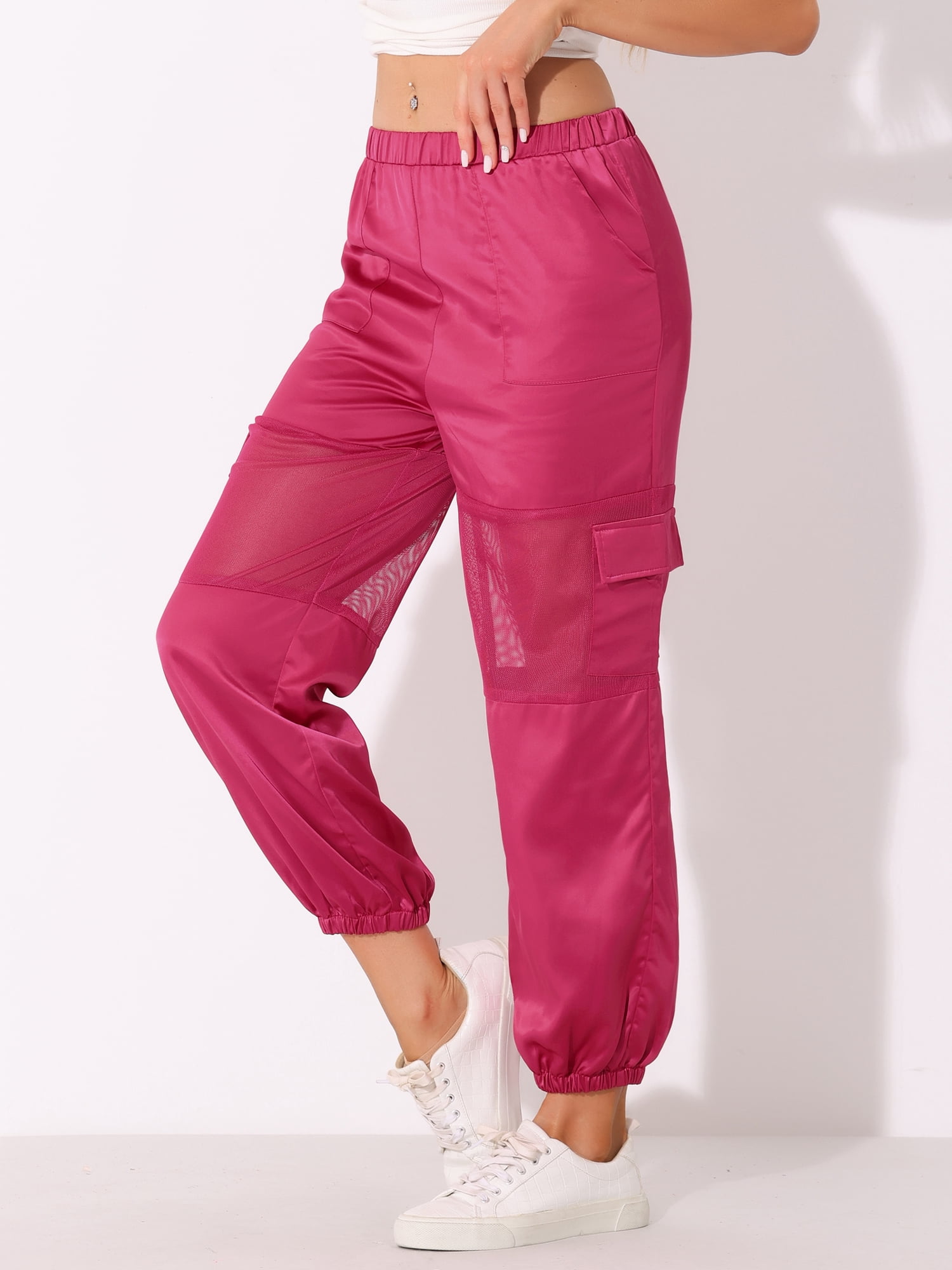 DARING DIVA Women's Casual High Waist Mesh Panel Cargo Baggy Pants L Hot Pink