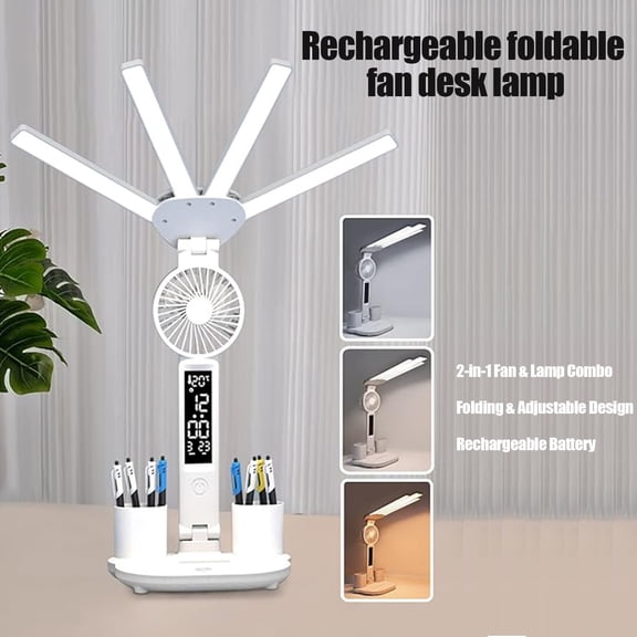 Rechargeable Folding Fan Lamp – 2-in-1 LED Desk Light with Portable Cooling Fan, Adjustable Brightness & Wind Speed, USB Powered for Home Office Camping