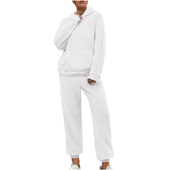 cfhntfmh Womens Pajama Sets Fuzzy Fleece Hoodie Sleepwear Long Sleeve Pjs 2 Piece Lounge Set Fall Winter Warm Nightwear Plus Size