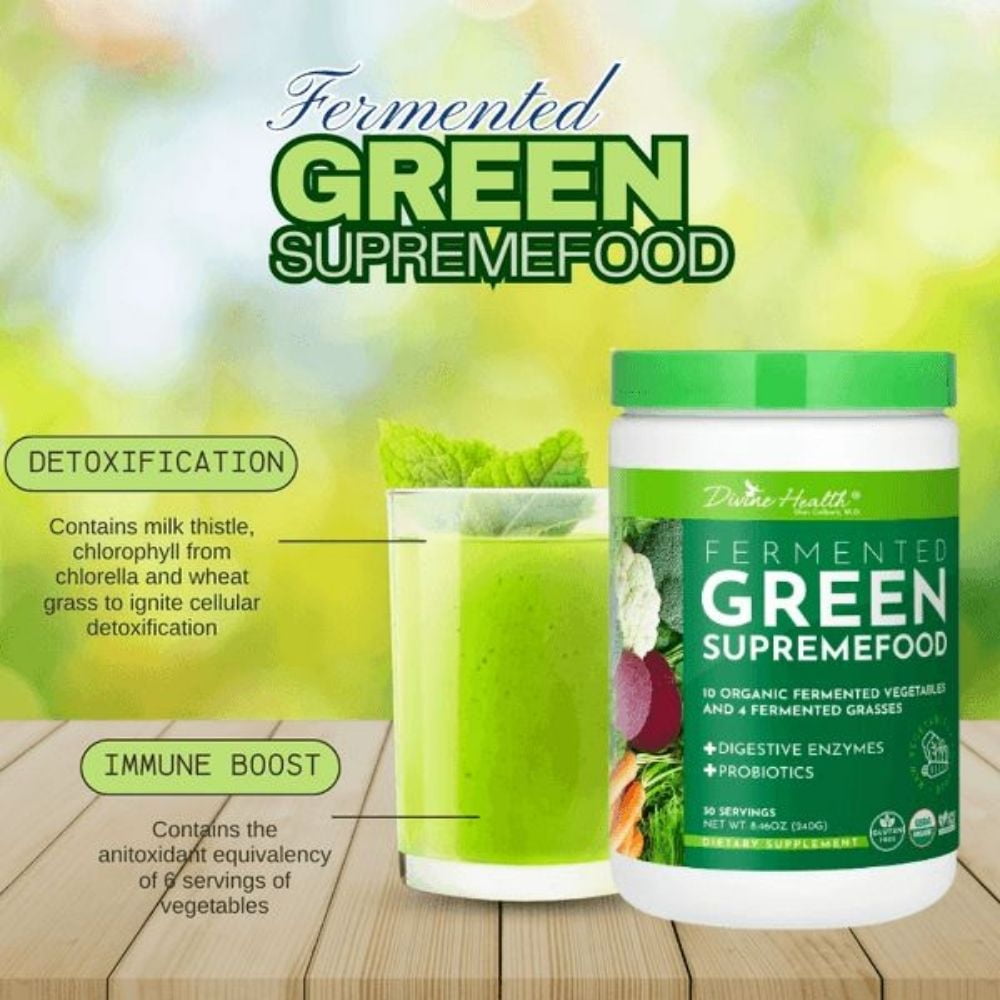 Dr. Colbert MD Fermented Green Supremefood | by Divine Health | 14 USDA Organic & Fermented Vegetables and Grasses | Probiotics | Enzymes | Apple Cinnamon Flavor | 30 Servings | 240g