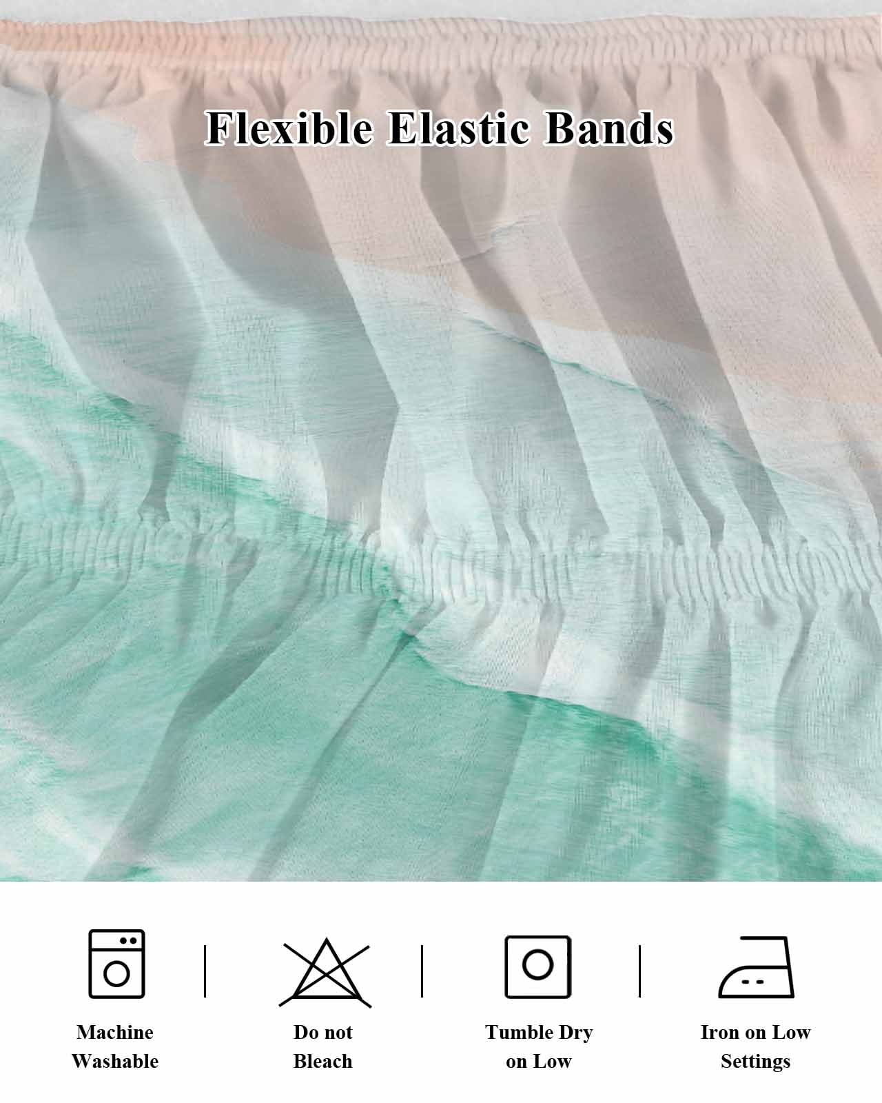 Teal Green Bed Skirt Gradient Sea Waves Sandy Beach Coastal Scenery Bed Skirts Queen Size 16 Inch Drop, Wrap Around Dust Ruffle&nbsp;Bedskirt with Adjustable Elastic Belt for Queen Size Beds