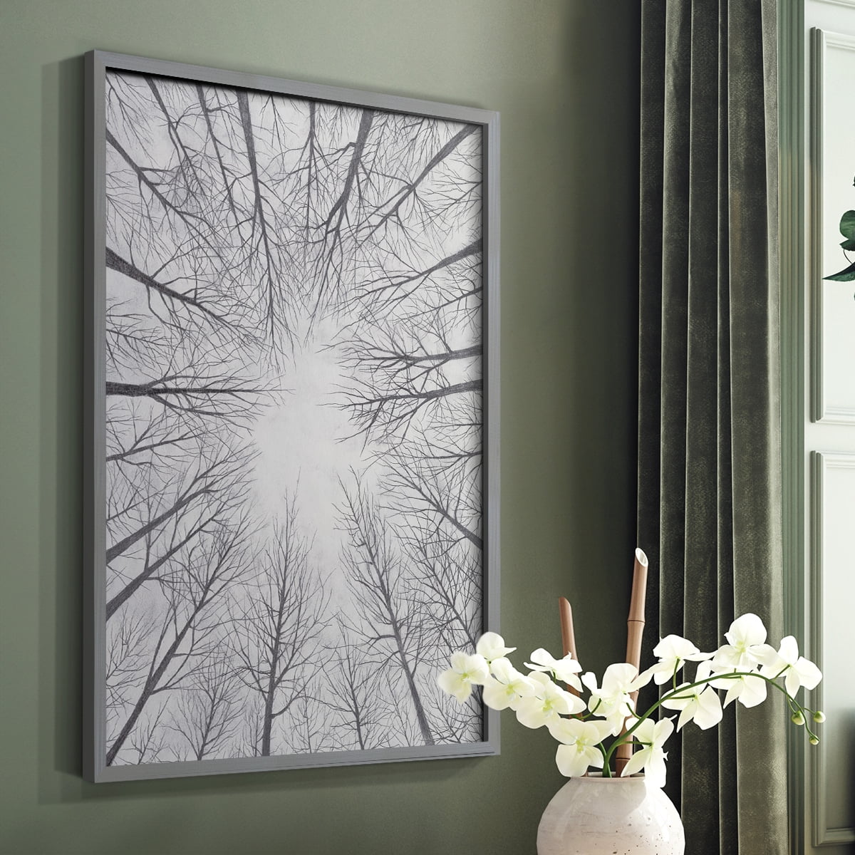 Deciduous Canopy II Framed Print in Gray Solid Wood Framed Print No Nail Hanging