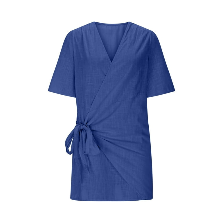 knee length dresses for ladies Short Sleeve Wrap Mini Dress - Royal Blue