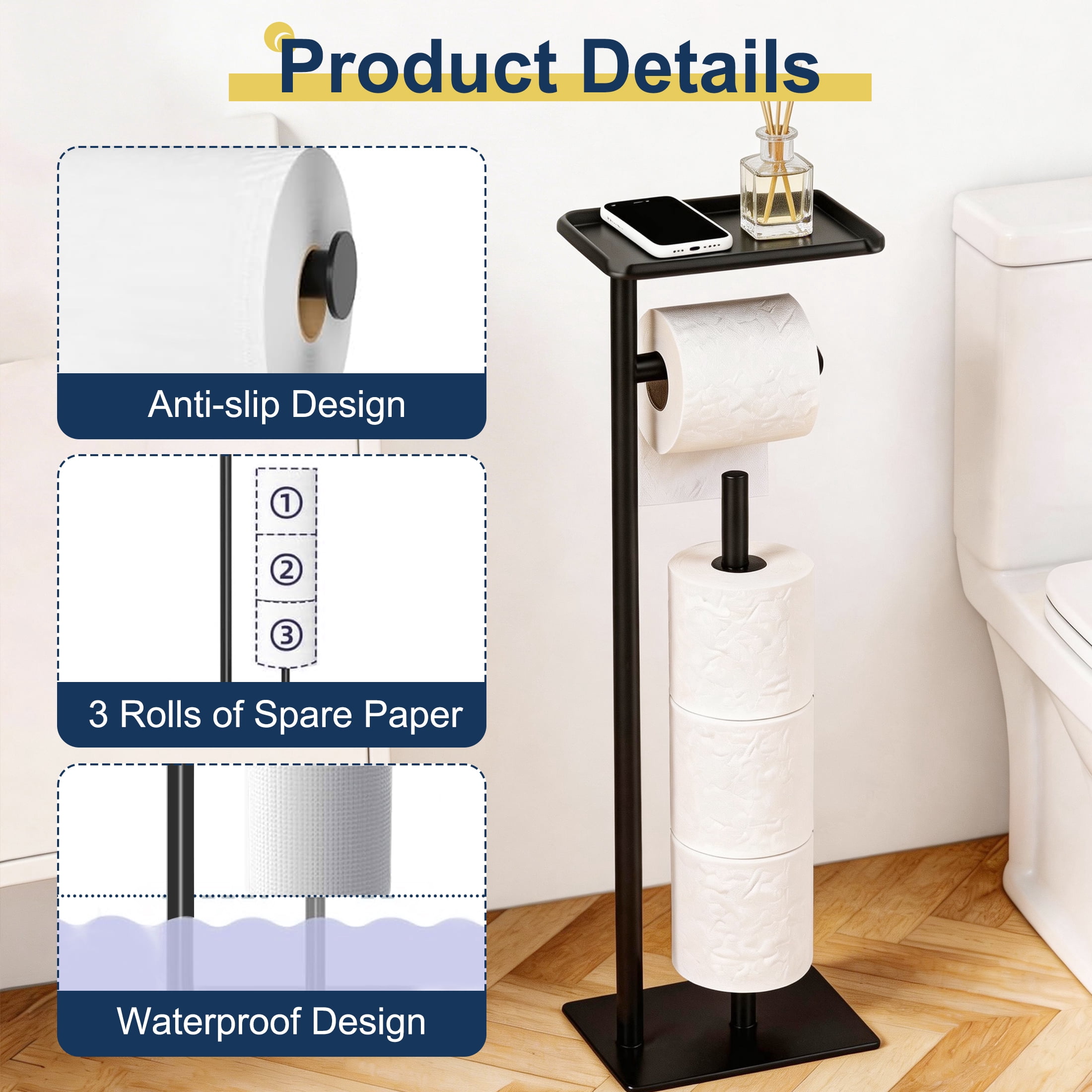 Toilet Paper Holder Stand, Toilet Paper Holder with Top Storage Shelf, Black Freestanding Toilet Paper Holder, Bathroom Storage Organizer for 4 Reserve Rolls Space-Saving