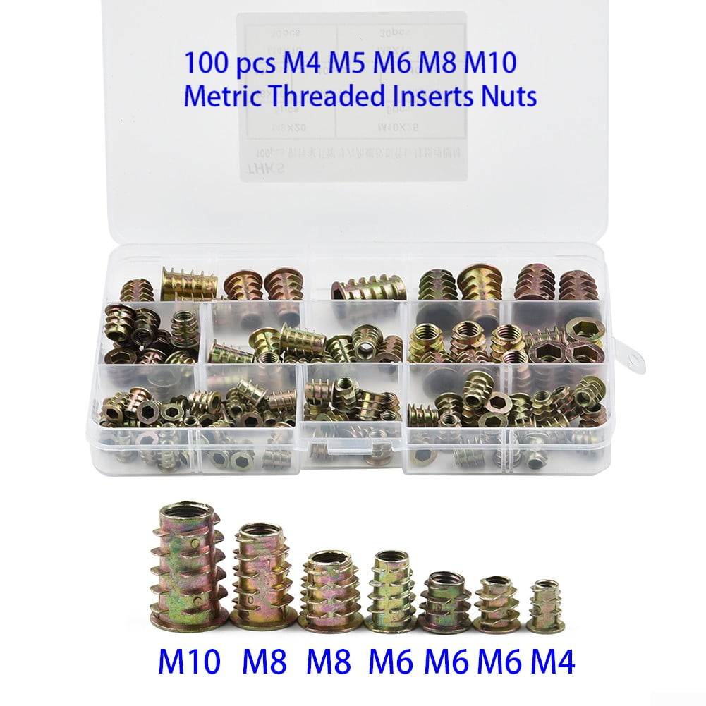 100pcs Hex Drive Wood Screw Inserts Nuts Set M4 M5 M6 M8 M10 Assortment Thread 