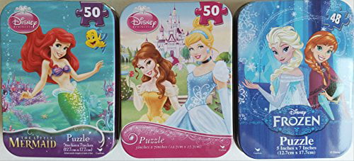 The Little Mermaid Mixed 3 Collectible Girls Mini Jigsaw Puzzles in Travel Tin Cases: Disney Kids The Tree Princesses Frozen Gift Set Bundle 48/50 Pieces