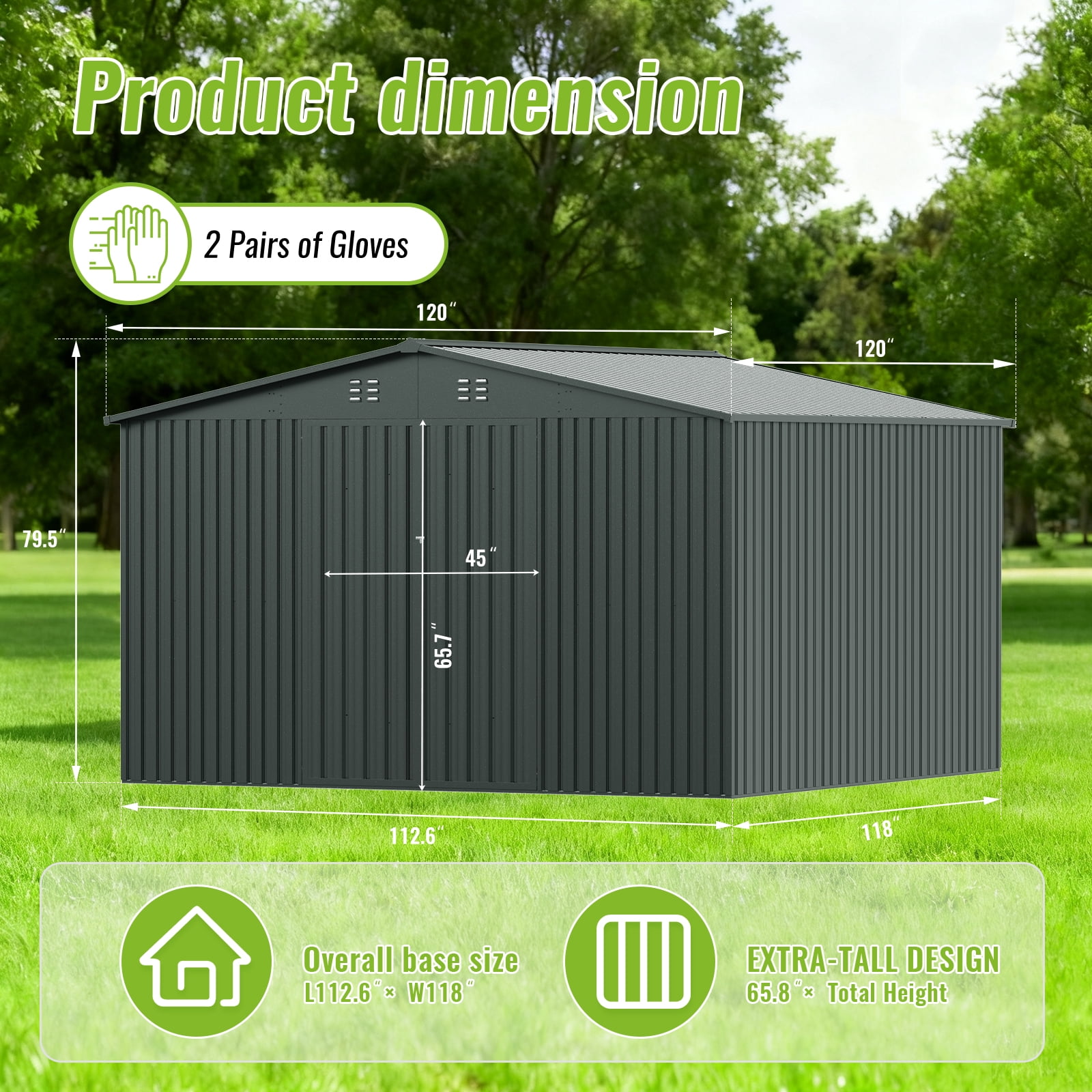 PABIMIA 10FT x 10FT Metal Outdoor Storage Shed with Lockable Doors, Black