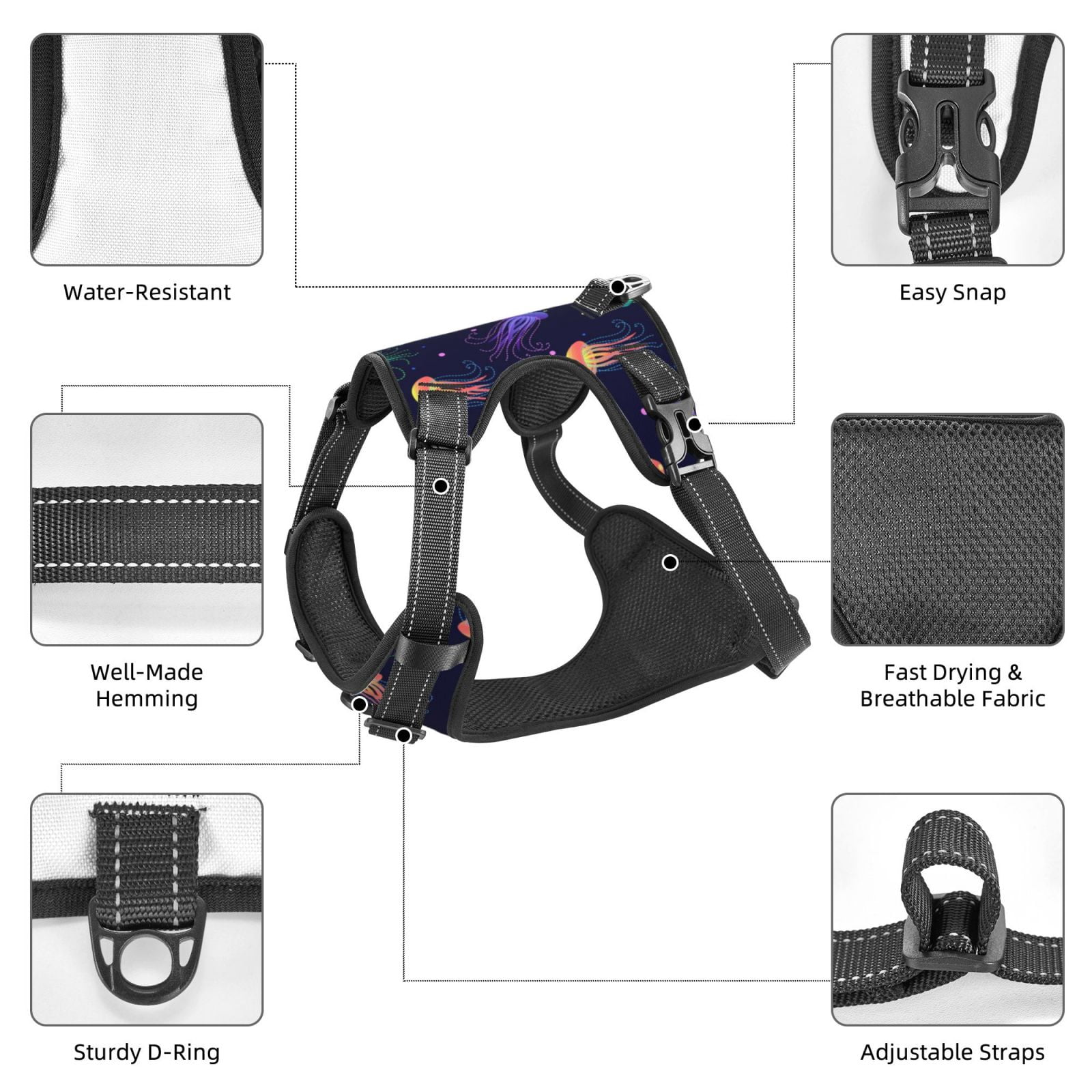 Fuzoiu Sea Jellyfish Print Reflective Dog Harness,Adjustable, Breathable Pet Vest,Dog Harness No Pull,No Choke Pet Vest for Small, Medium, and Large Dogs-Large
