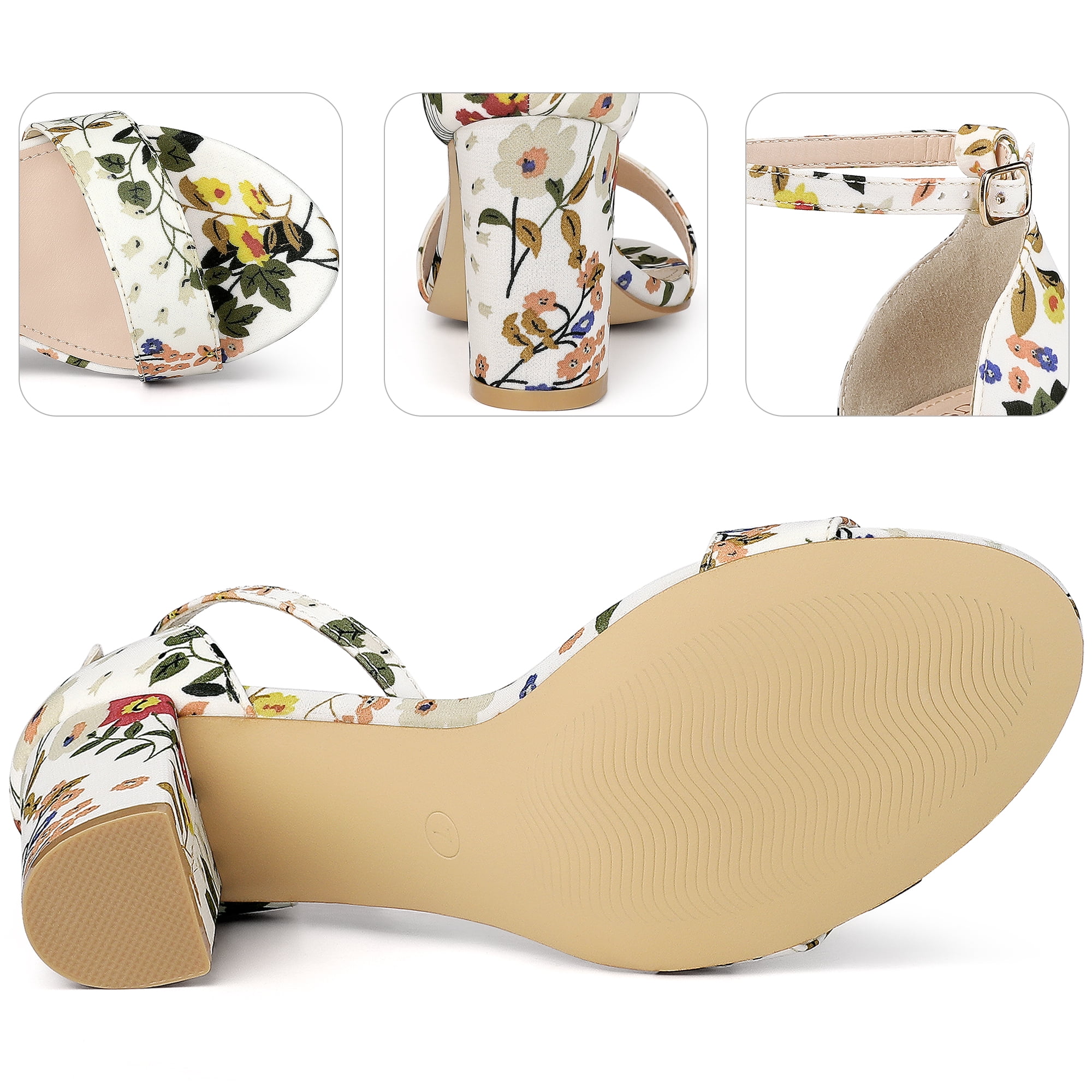 DARING DIVA Women's Floral Open Toe Ankle Strap Chunky Heel Sandals White 5.5