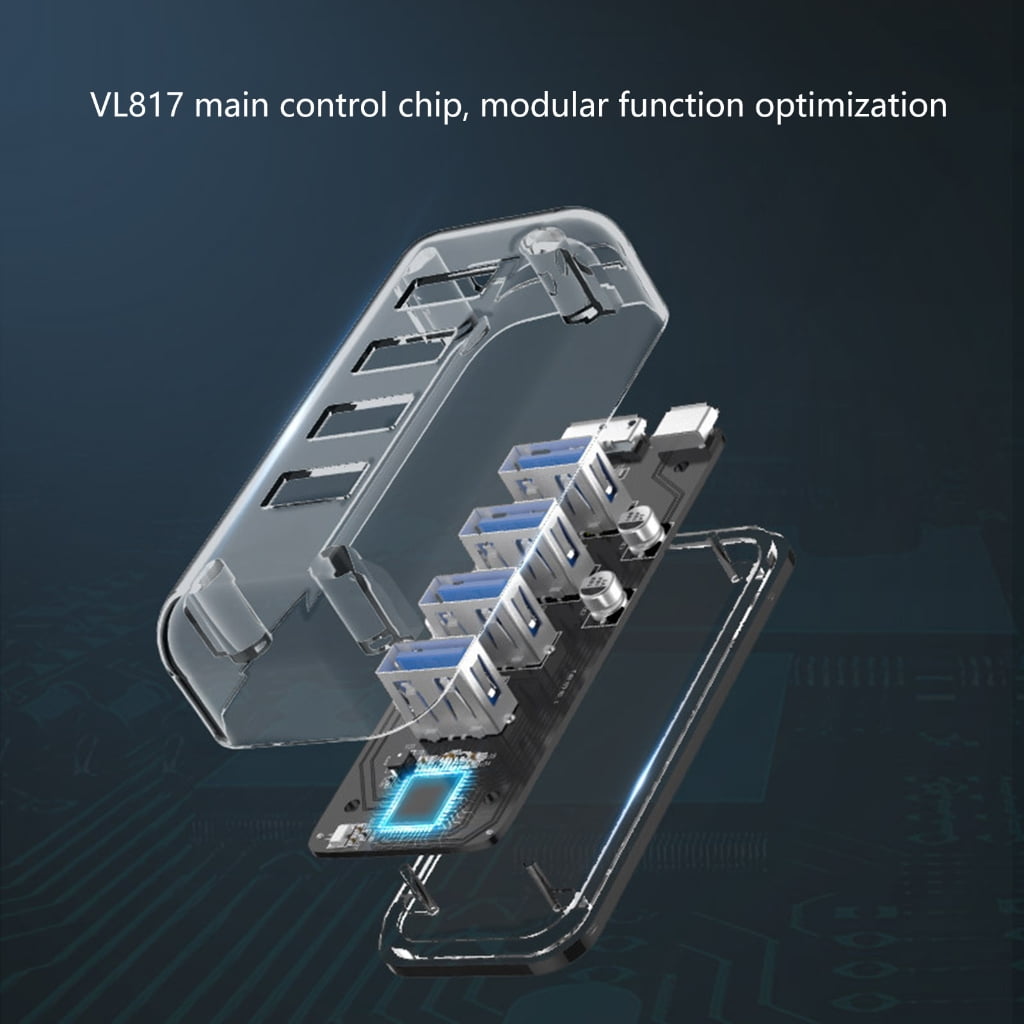 Zeiwohndc USB Hub 4-Port USB 3.0 Splitter VL817 Double Power Supply for Laptop and PC