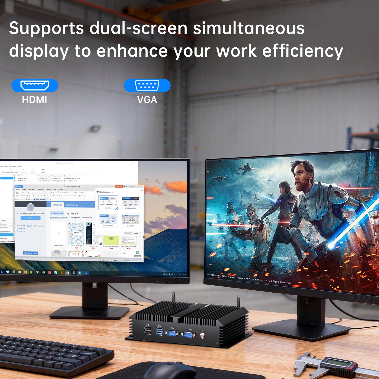 Fanless Mini Industrial PC, Desktop Computer Core i7-5500U Windows 10 Pro, 16GB RAM 256GB SSD, 2xNICs, 2*COM RS232, 4xUSB3.0, Dula-Band WiFi, HDMI/VGA Ports, Gigabit LAN, Auto Power On