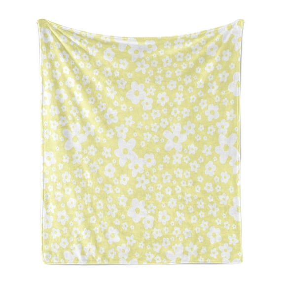 Floral Soft Flannel Fleece Throw Blanket, Graphic Daisy Blossoms Design on Yellow Background Spring Flowers Artwork, Cozy Plush for Indoor and Outdoor Use, 50" x 60", Yellow and White, by Ambesonne