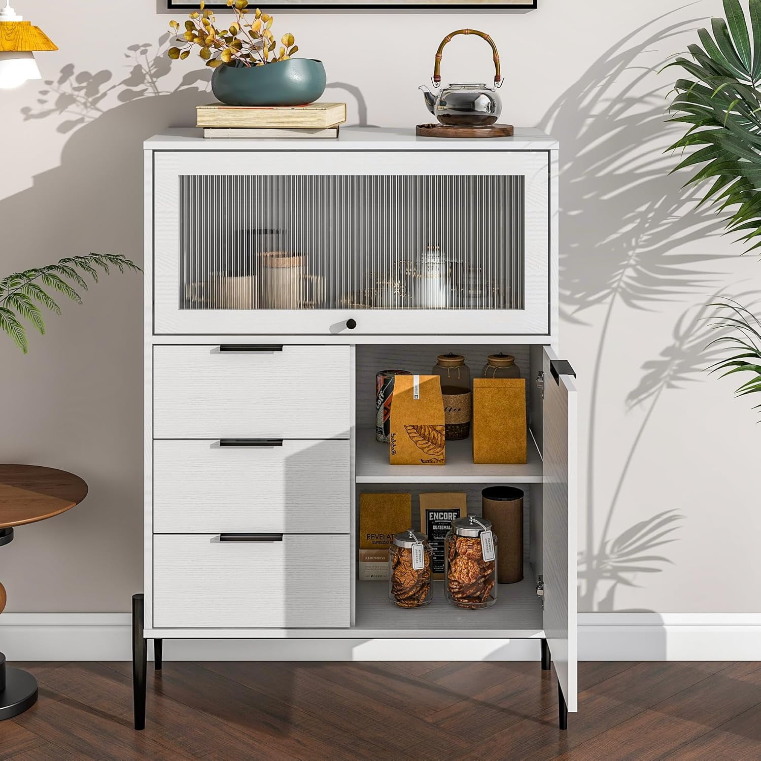 EXRACING Modern Sideboard Cabinet with 3 Drawers, 1 Solid Door & 1 Glass Door, Storage Buffet for Kitchen, Dining Room, Hallway, 33.46" W