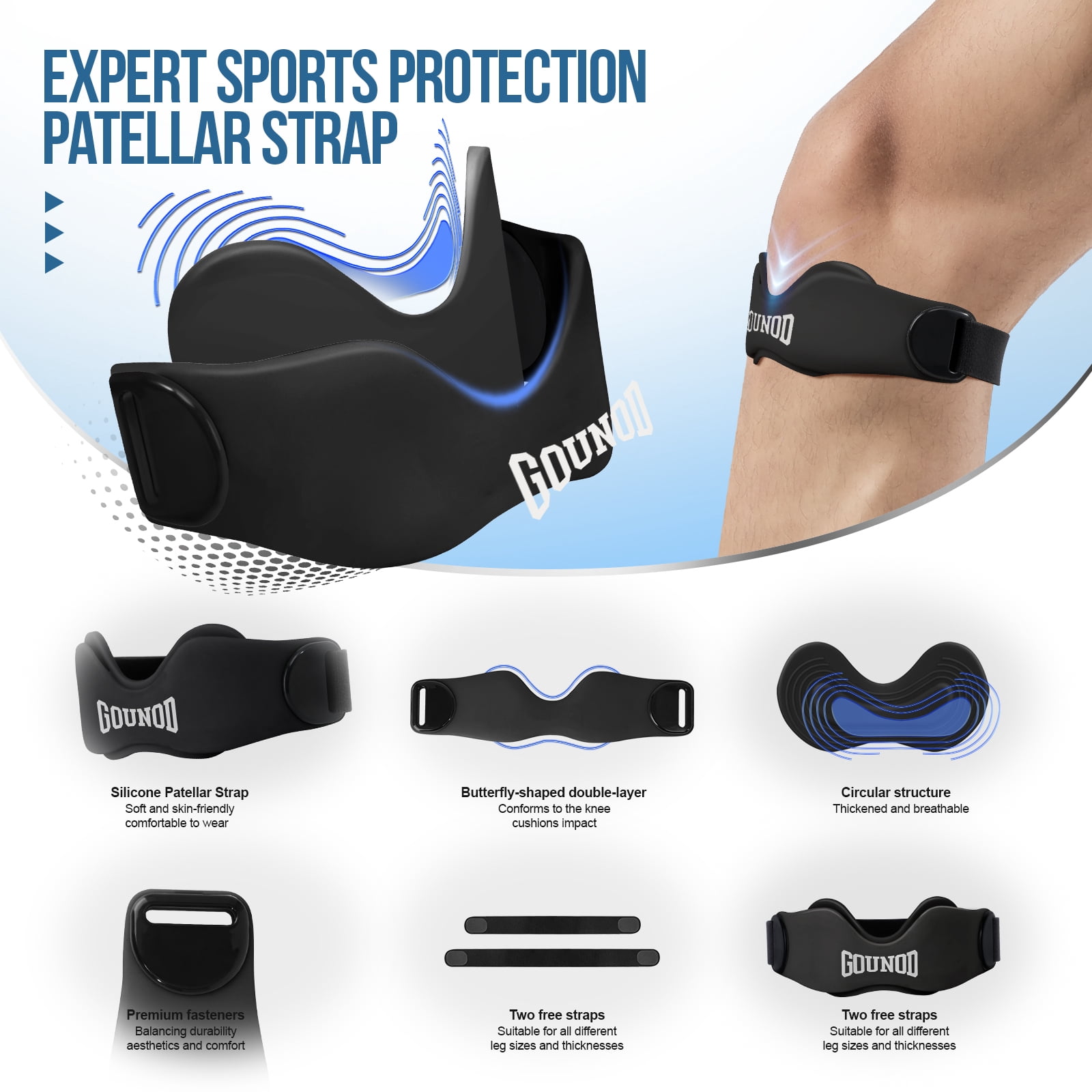 GOUNOD Patellar Tendon Support Strap 2 pack, Adjustablle Anti-Slip Knee Wrap, Unisex Knee Support for Running Cycling