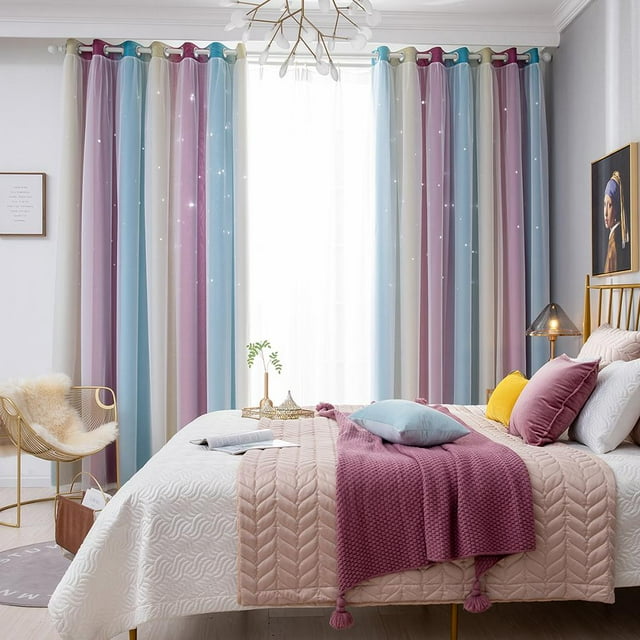 Cortina de estrella hueca degradada para dormitorio, cortinas opacas completas para ventana (púrpura)