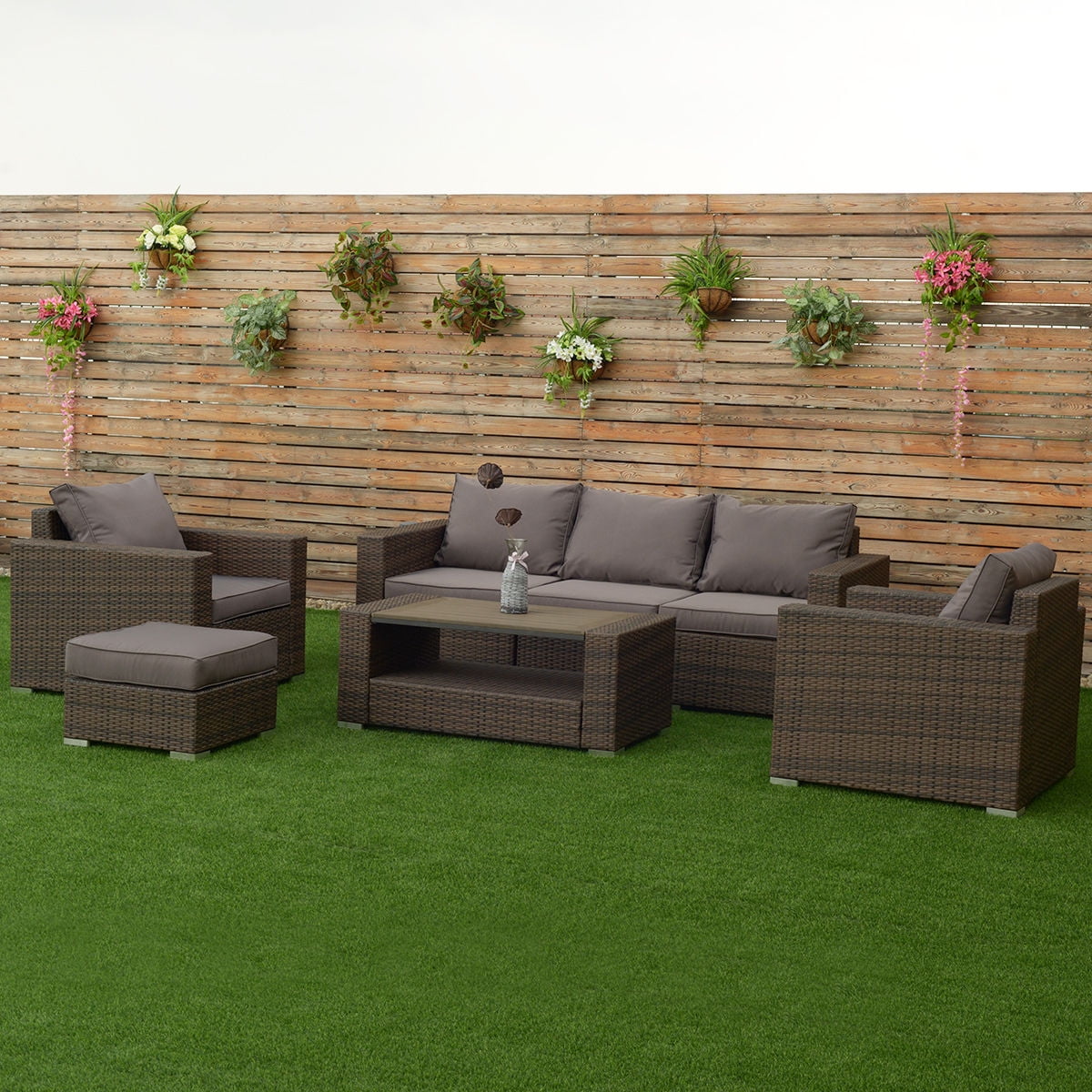 7pcs Outdoor Patio Rattan Furniture Set Sectional Steel Frame Cushioned Deck