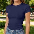 thumbnail image 5 of Women's Crew Neck Short Sleeve Fitted Shirts Basic Stretchy T-Shirt Summer Workout Casual Tops Dark Blue L, 5 of 7