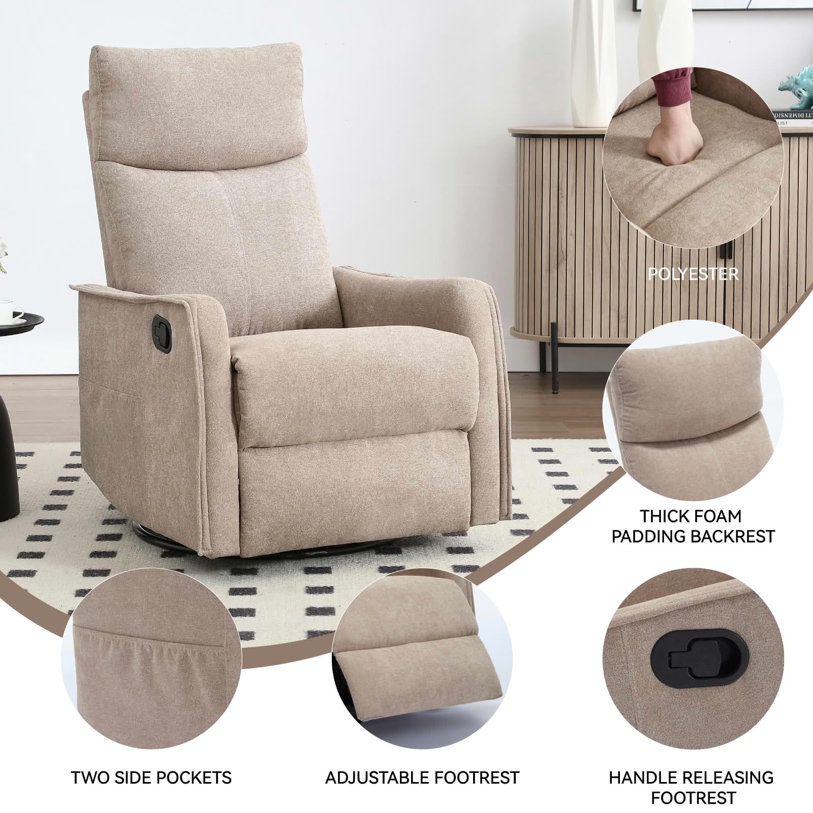 MAYEERTY Khaki Heat Massage Recliner Chair, 360° Swivel Rocker 27"x36"x40" for Living Room