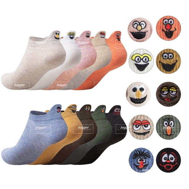 Diez pares de calcetines náuticos de primavera y verano en una bolsa, calcetines con expresión divertida en el talón, calcetines de mujer con bordado de Barrio Sésamo y carita sonriente