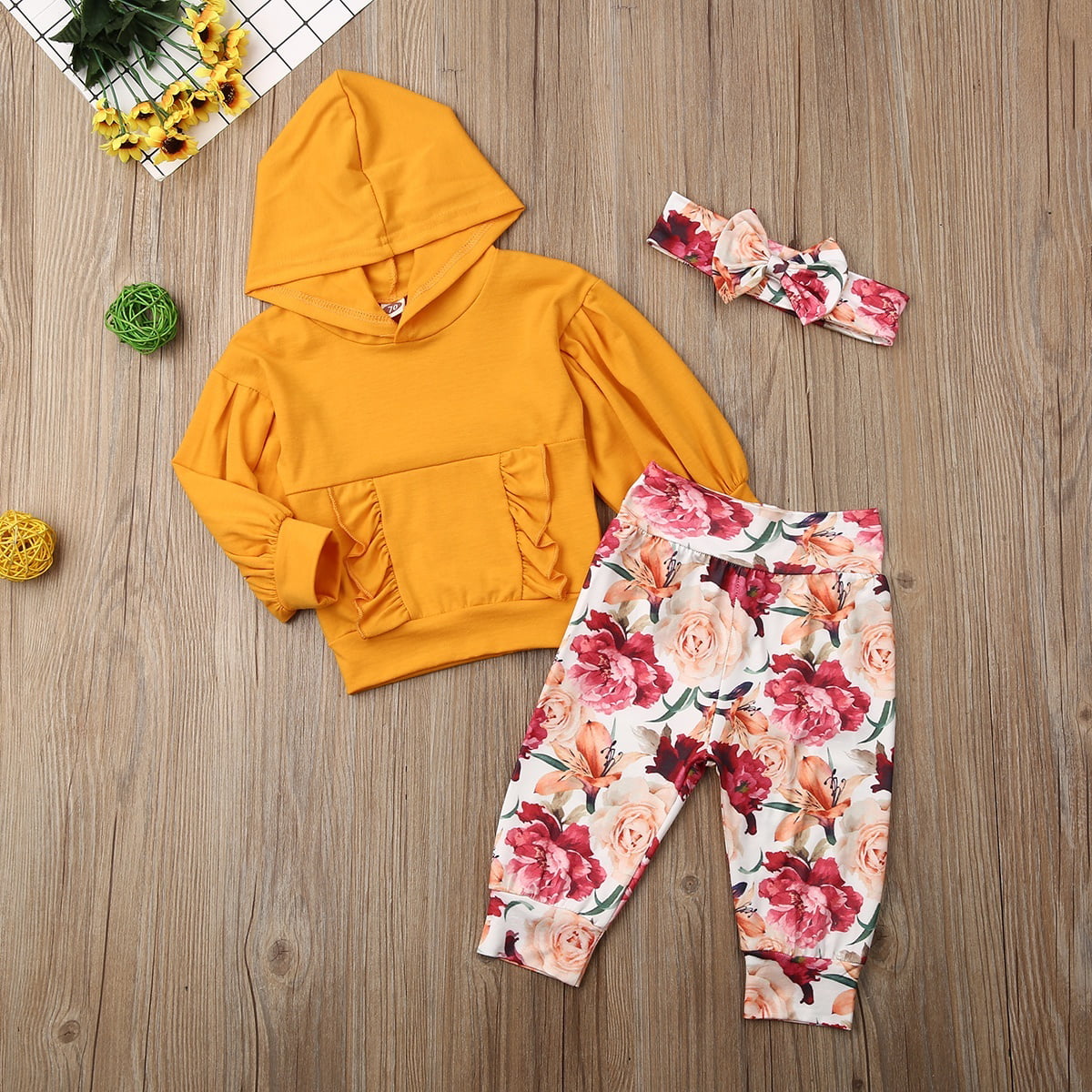 Toddler Infant Baby Girl Floral Hooded Tops Pants Headband Set Tracksuit Clothes 