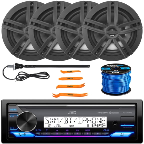 JVC KD-X38MBS Single DIN Marine Motorsports Bluetooth USB/AUX LED Illumination AM/FM Radio SiriusXM Ready Stereo Receiver, 4x 6.5" 180W Max 2-Way Speakers, Antenna, Wire, 4-Piece Removal Pry Tool Set