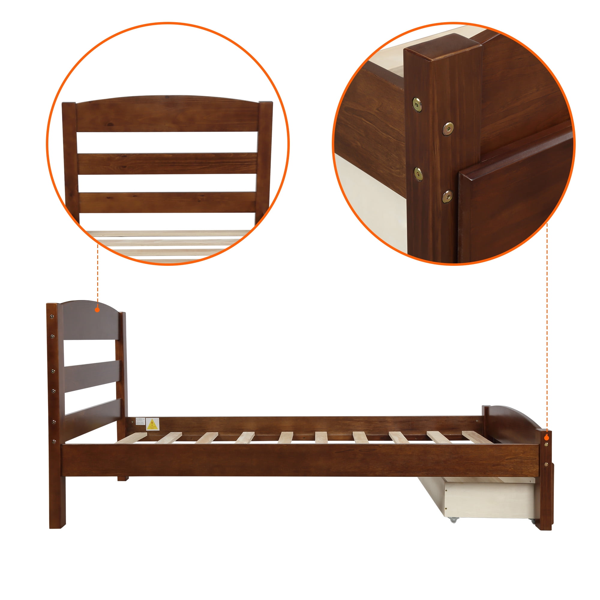Kepooman Twin Size Modern Bed Frame with Storage Drawer, 79.5”L X 41.3”W X 36.1”H, Walnut Kepooman Twin Size Modern Bed Frame with Storage Drawer, 79.5”L X 41.3”W X 36.1”H, Walnut