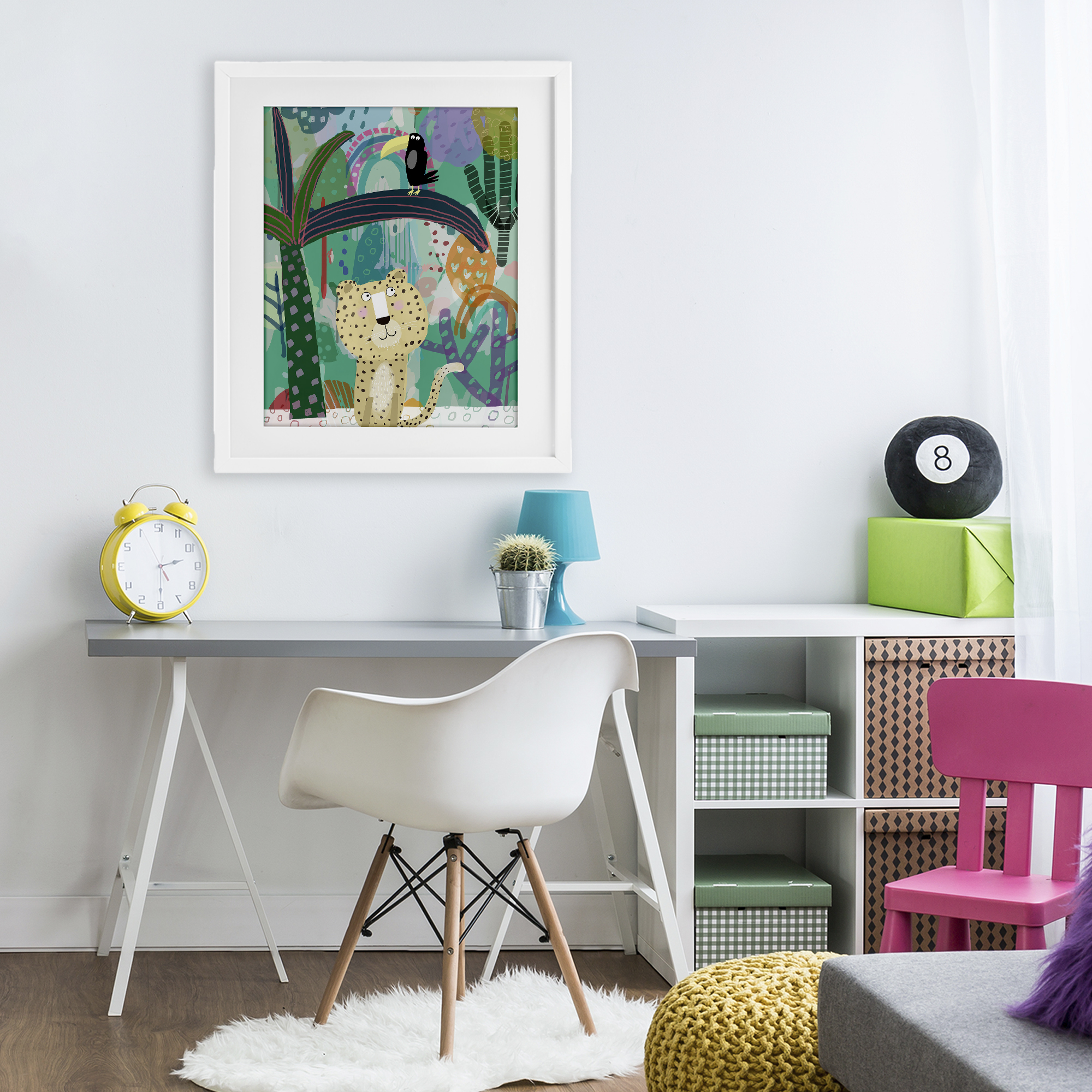 Jungle Cheetah & Toucan White Framed Print Under Glass, design by Carla Daly