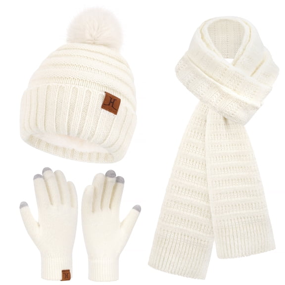 FZ FANTASTIC ZONE Womens Winter Hats Scarf Gloves Set, Warm Fleece Lined Beanie with Pom Poms Long Scarves Touchscreen Gloves for Women Cold Weather Gifts
