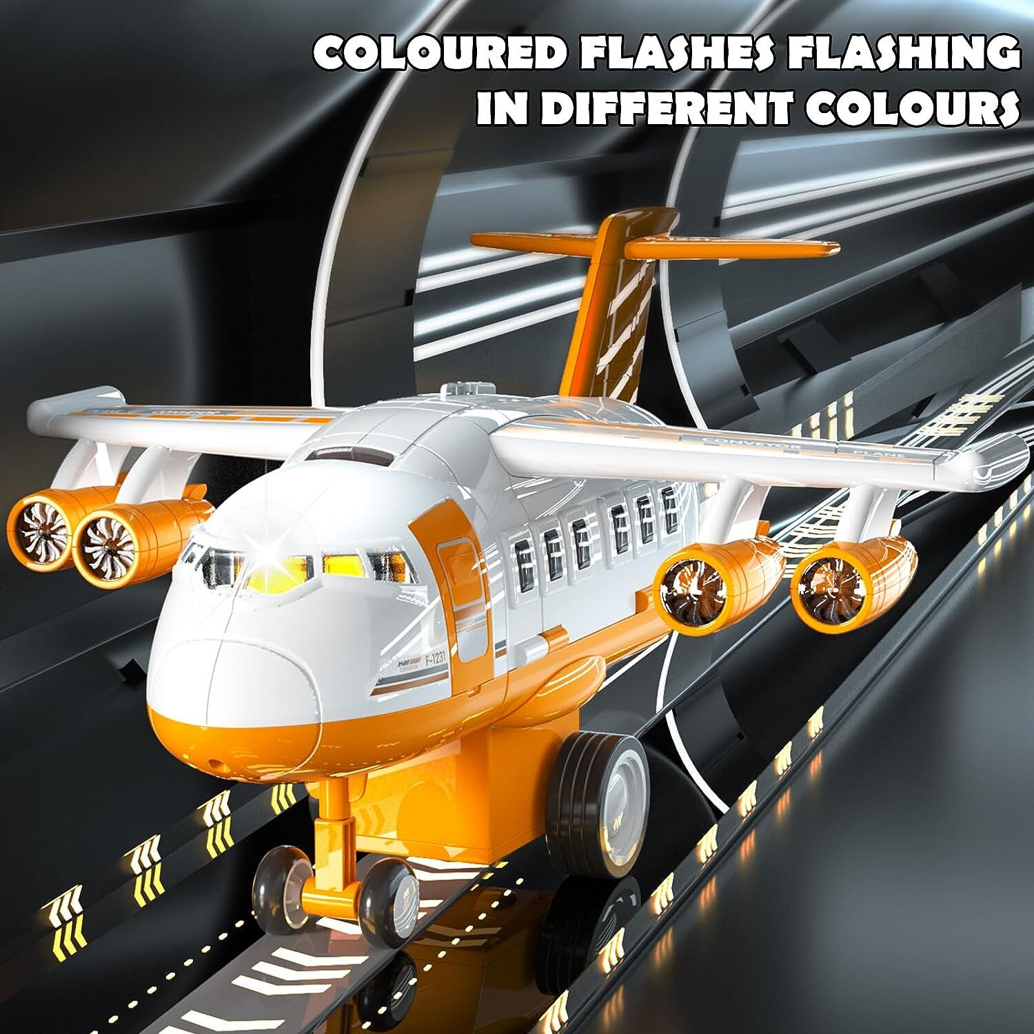 Airplane Toy,Transport Cargo Airplane Toys Music and Airplane Car Toy Play Set, with Vehicle Car Toy 1 Map 1 Barricade for 3+ Yellow