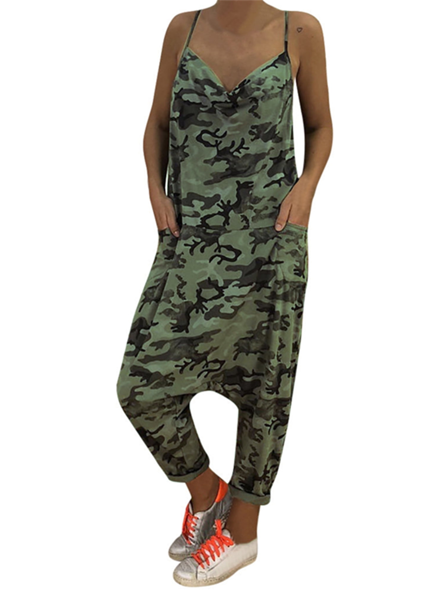 Coolred-Women Button Down Roll up Short Pants Camo Military Playsuit Romper 