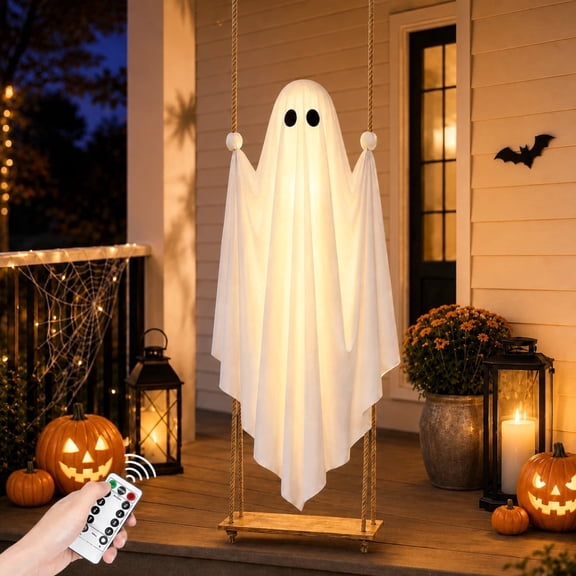 Halloween Decorations Outdoor-5.9 FT Large Hanging Swing Ghost with Remote Lights Porch Decorations Outdoor Hanging Glowing Ghost