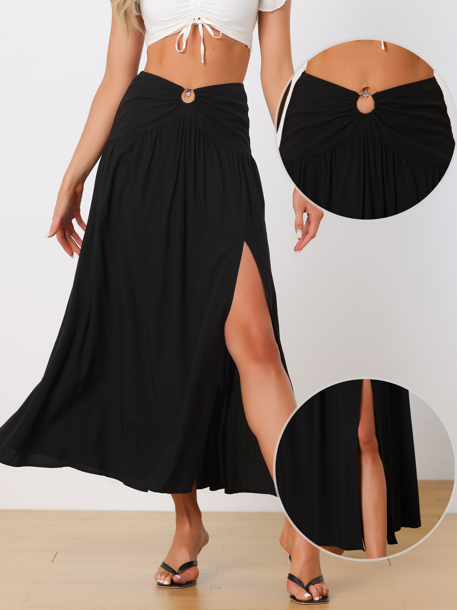 DARING DIVA Women High Waist Split Side Summer Maxi Beach Skirt XL Black