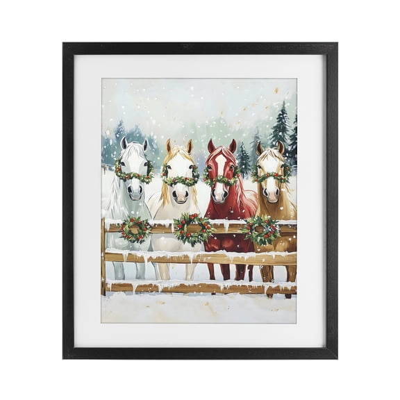 Stupell Industries Farmhouse Christmas Horses with Holly Wreaths Black Framed Print Under Glass, 13 x 16, by The Prints Vibe