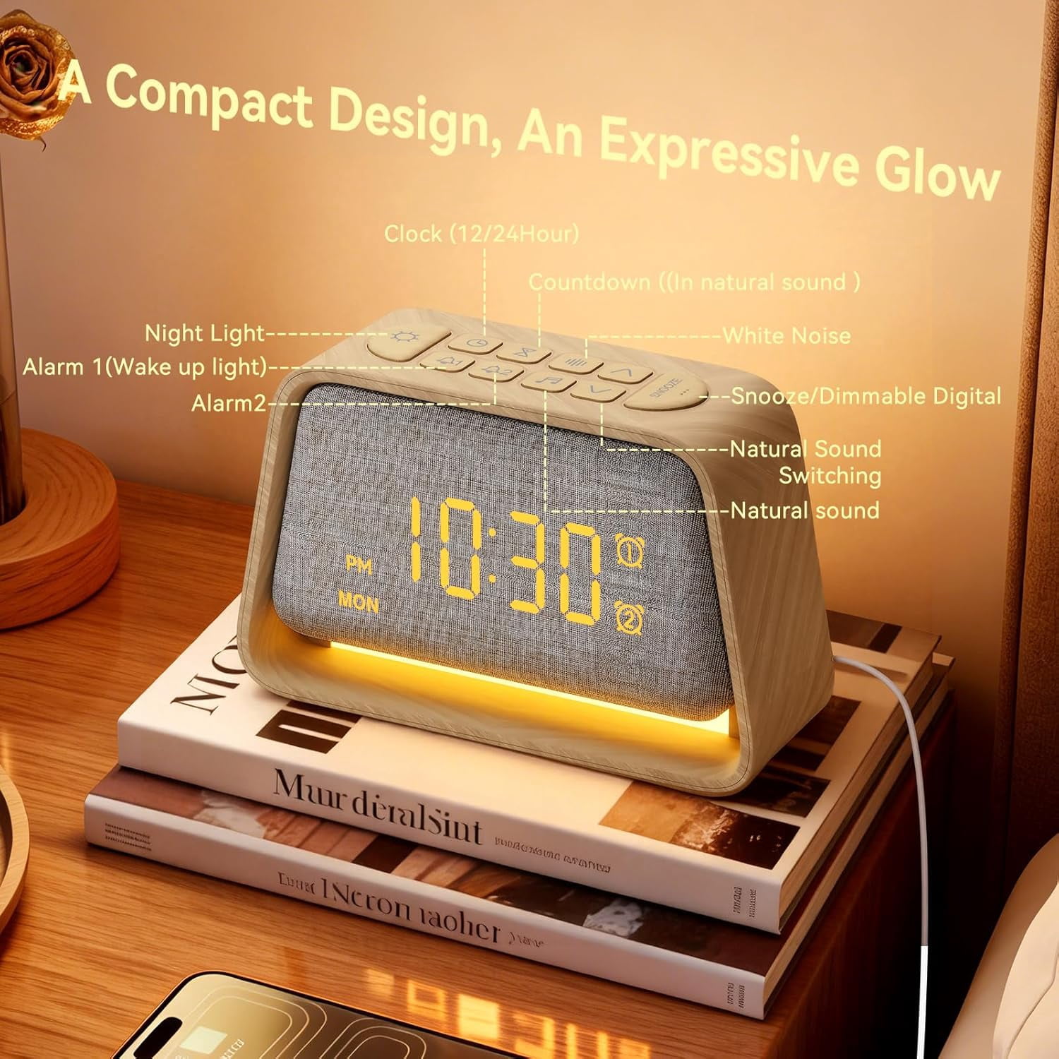 Sunrise Alarm Clock with Wake Up Light, White Noise Sound Machine, 10 Soothing Sounds, Dual Alarms, Dimmable Night Light for Bedroom