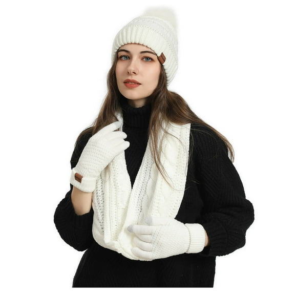 Stamzod Hat Gloves Scarf Socks Set Women - 4 Piece Winter Glove Long Scarf Neck Hat Warm Socks for Women Cold Weather White D Free Size