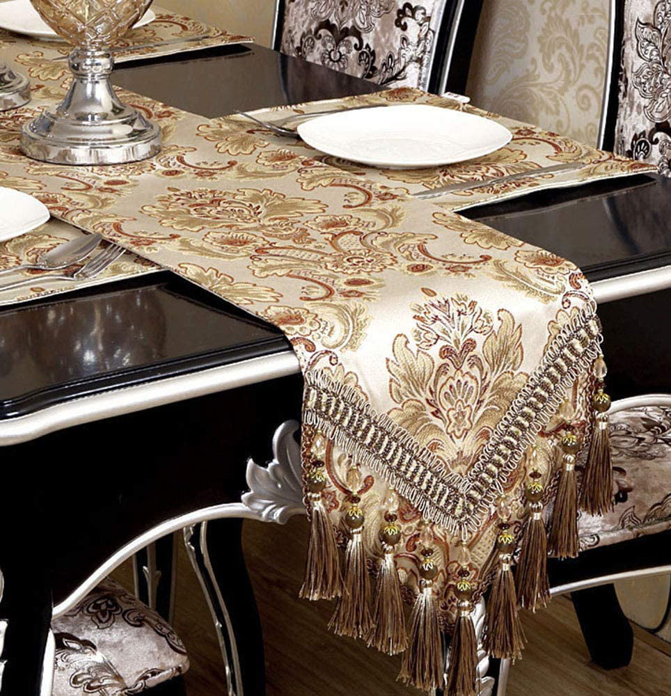 Modern Luxury Jacquard Fabric Floral Table Runner Tassel Tablecloth Table Decor 