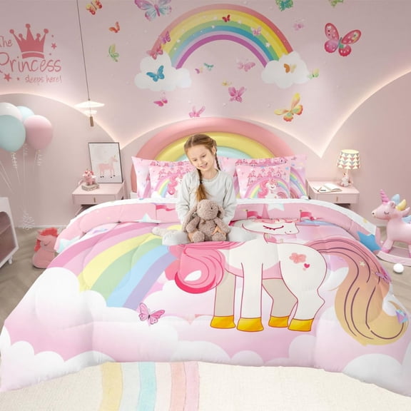 Girls Unicorn 7 Piece Comforter Set Full Bed in a Bag Rainbow Princess Pink Unicorn Bedding Set Kids Teens Adult Cute Castle Stars Comforter with Sheets Fantasy Girls Room Decor