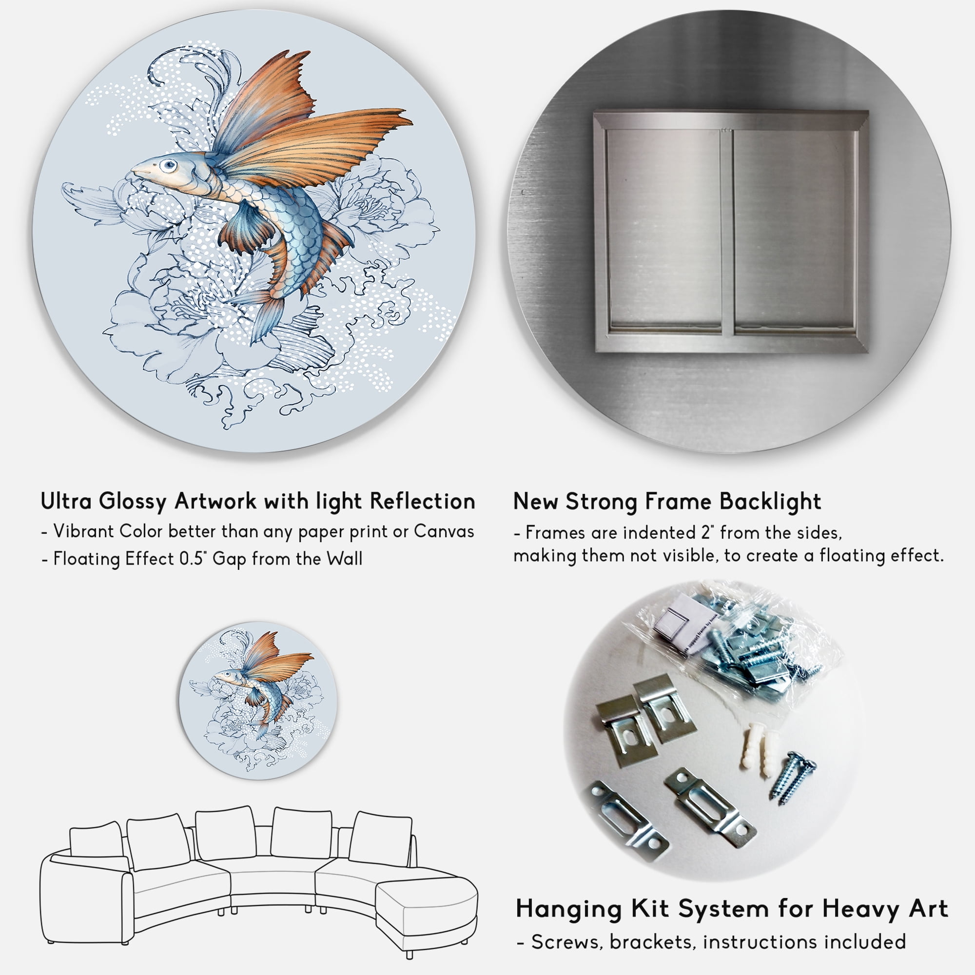 Designart 'Flying Fish and Peonies' Traditional Circle Metal Wall Art 23x23 - Disc of 23
