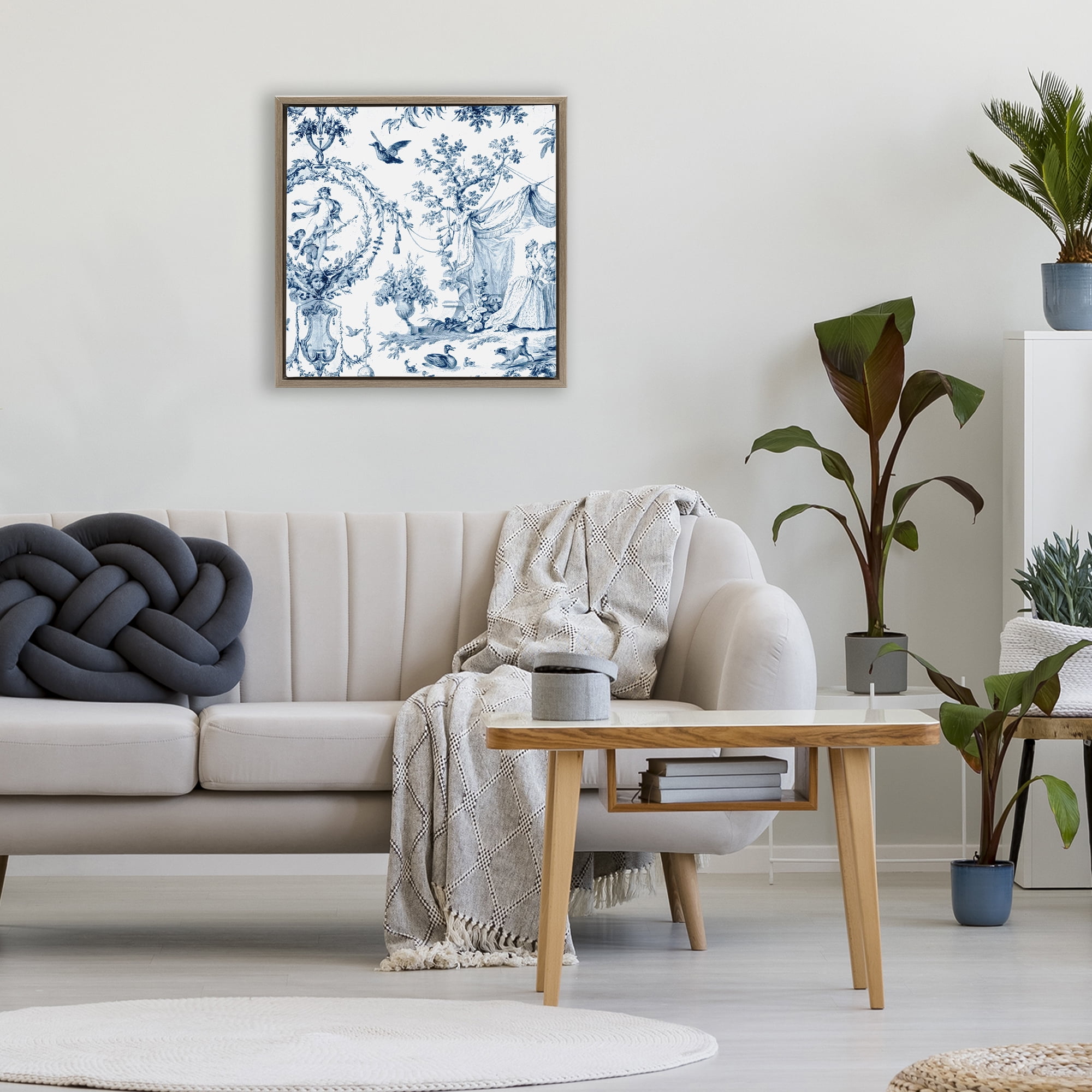 Classic Toile Scene Brown Framed Floater Canvas Wall Art, design by Vintage Hustle
