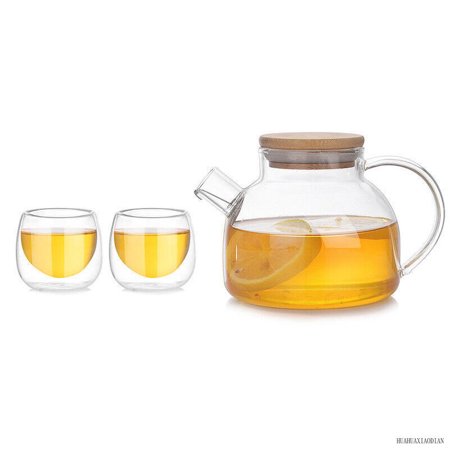 

500Ml Glass Teapot Tea Pot Coffee Kettle With Bamboo Lid Double Glass Cups