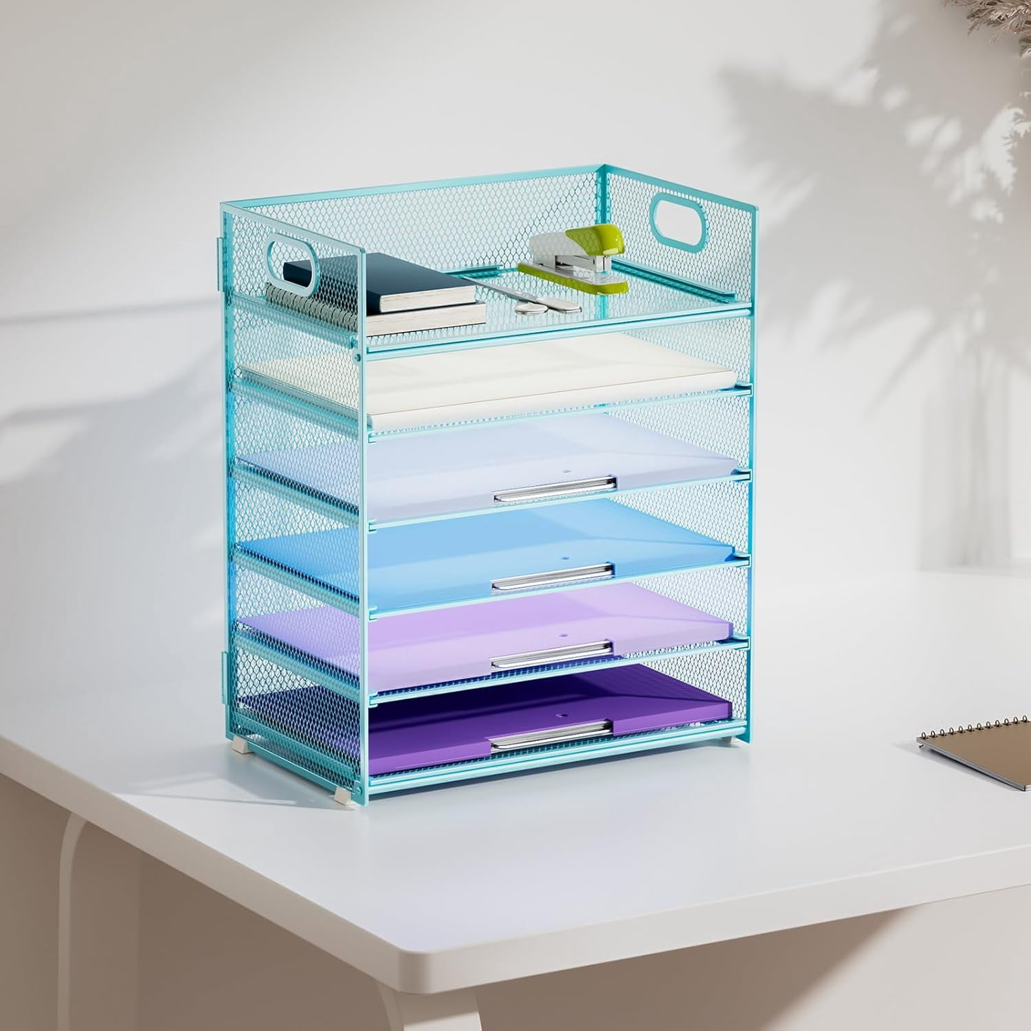 6 Tier Paper Organizer Letter Tray - Mesh Desk File Organizer with Handle, Paper Sorter for Letter/A4 Office File Folder Holder -Blue