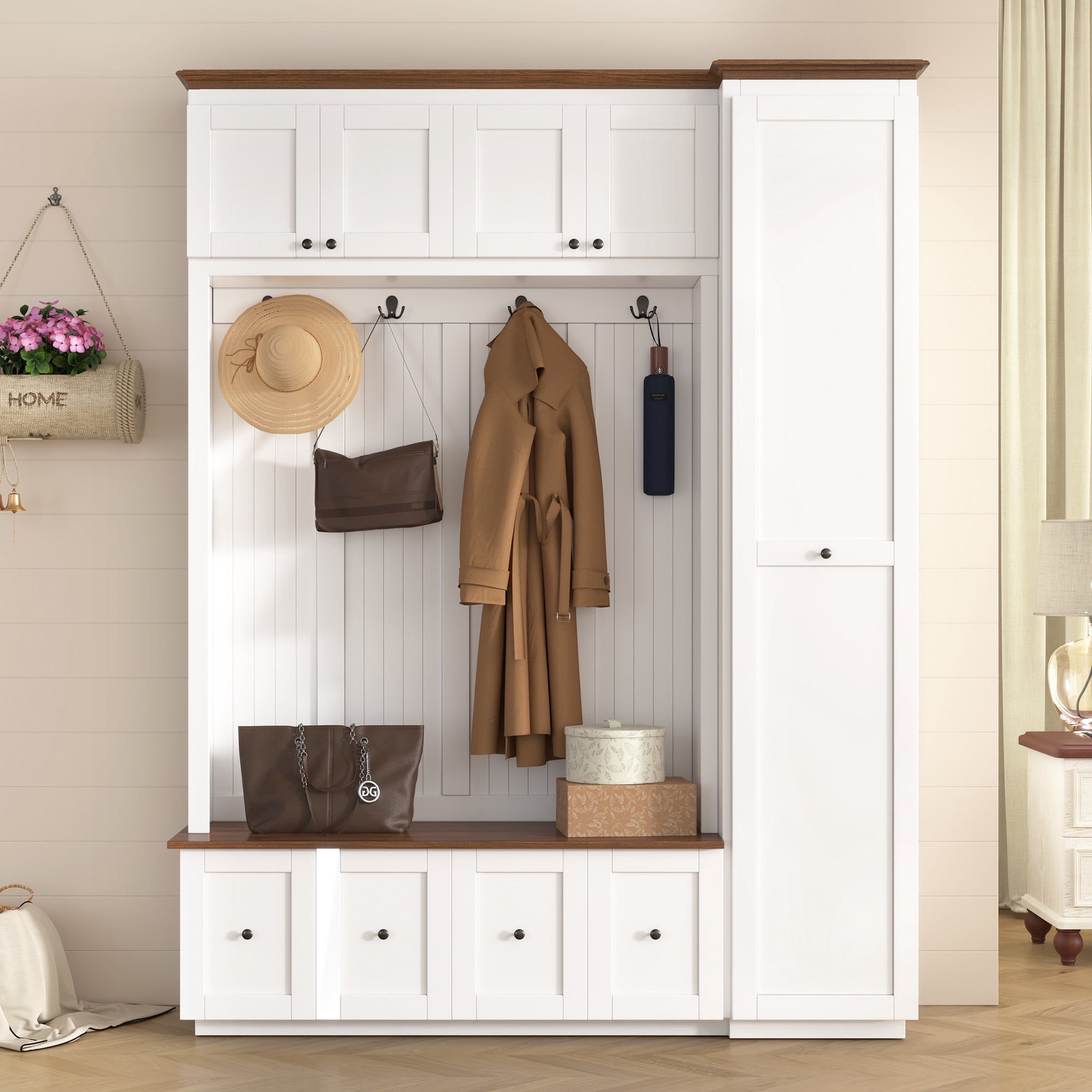 Mintazer 78.7"H Farmhouse Hall Tree with Coat Rack, Storage Bench, Drawers & Hooks for Hallway, Entryway, Bedroom, Mudroom, Living Room, White