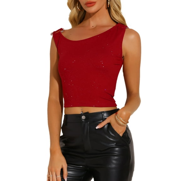 INSPIRE CHIC Women's Sequin Off Shoulder Sleeveless Y2K Going Out Crop Tank Top XS Red