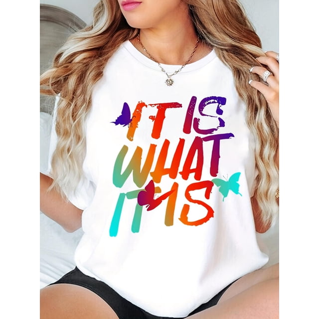 Women's Letter Print Casual Summer T-Shirt, Crew Neck Short Sleeve Top, Lightweight & Comfortable Style Tee Tee For Adult, Men, Women, Teen, Teenager, Adolescent, Youth